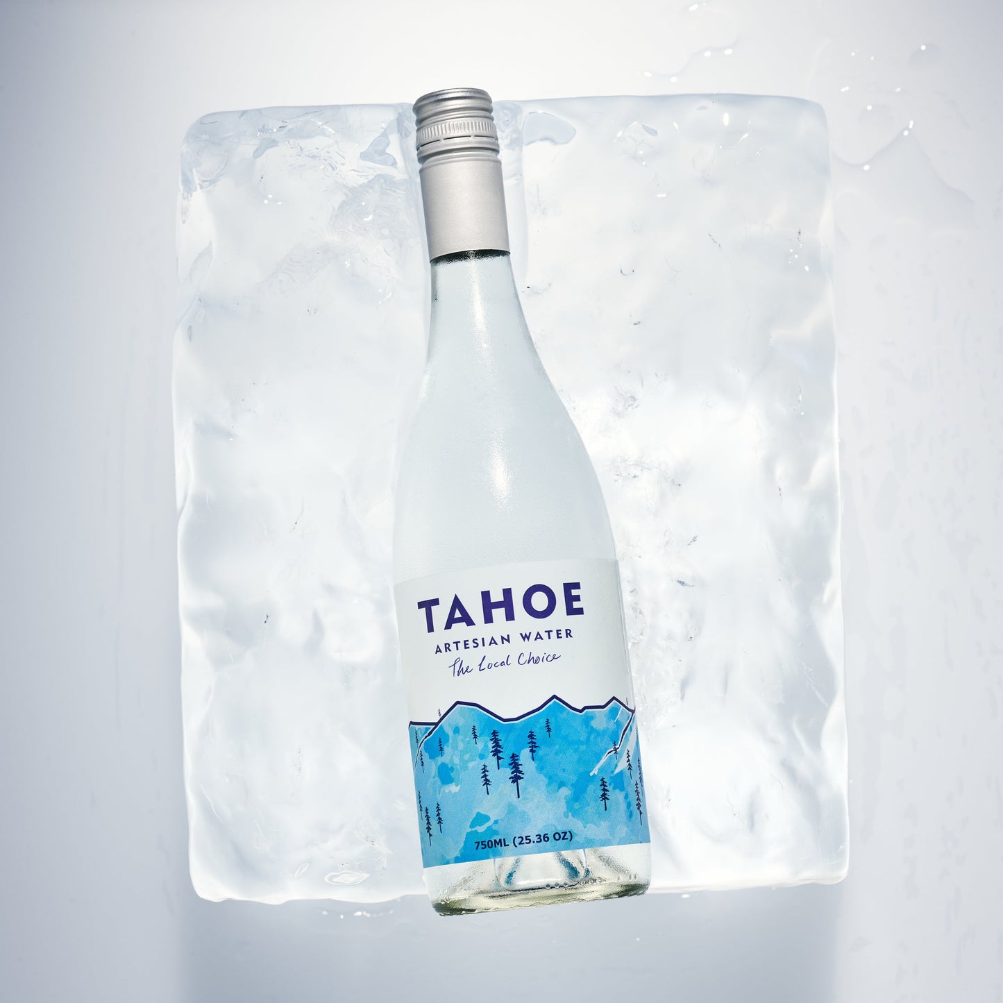 
                  
                    Bottle of Tahoe water in a transparent ice pack on a light gray background
                  
                